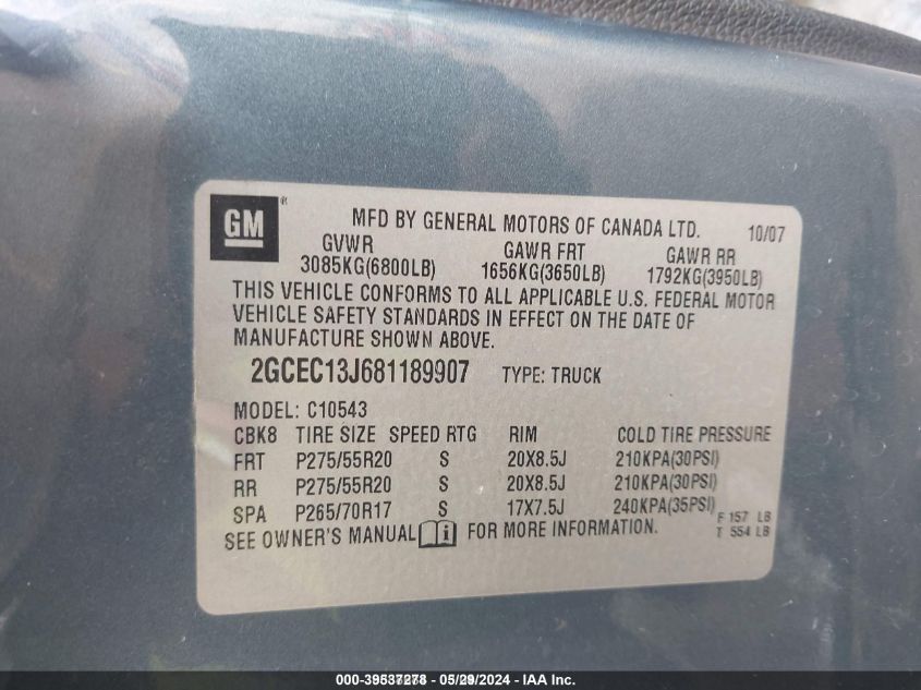 2008 Chevrolet Silverado 1500 Lt1 VIN: 2GCEC13J681189907 Lot: 39537278