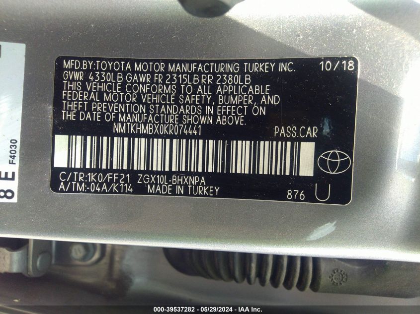 2019 Toyota C-Hr Xle VIN: NMTKHMBX0KR074441 Lot: 39537282