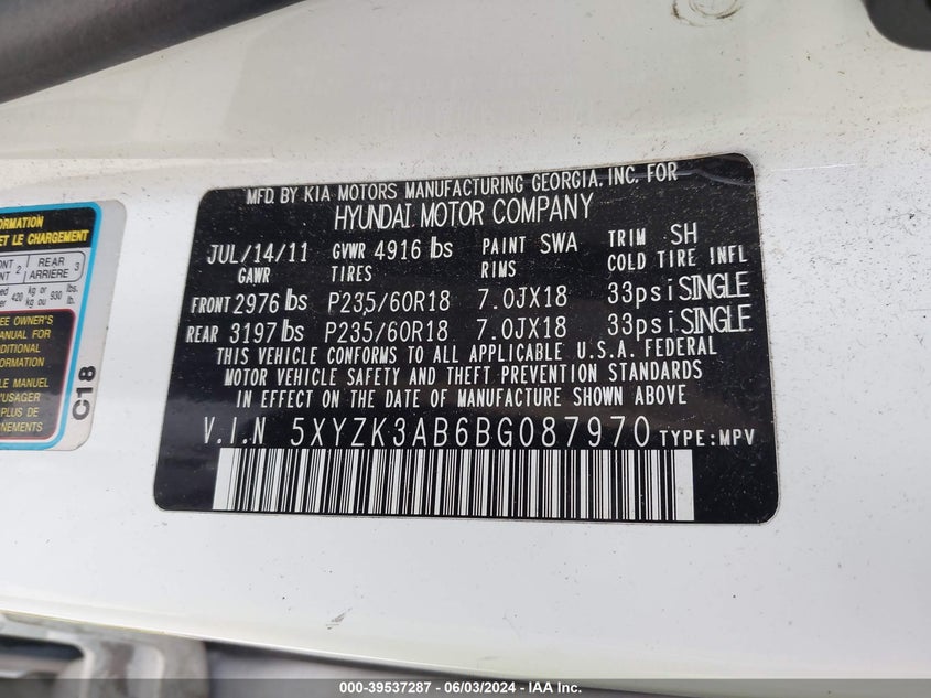 2011 Hyundai Santa Fe Limited VIN: 5XYZK3AB6BG087970 Lot: 39537287