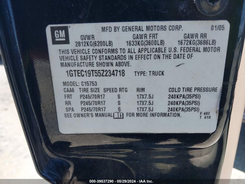 2005 GMC Sierra 1500 Slt VIN: 1GTEC19T55Z234718 Lot: 39537290