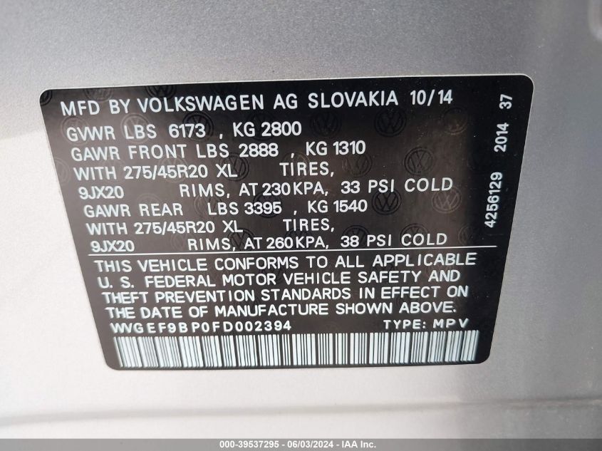 WVGEF9BP0FD002394 2015 Volkswagen Touareg V6 Executive