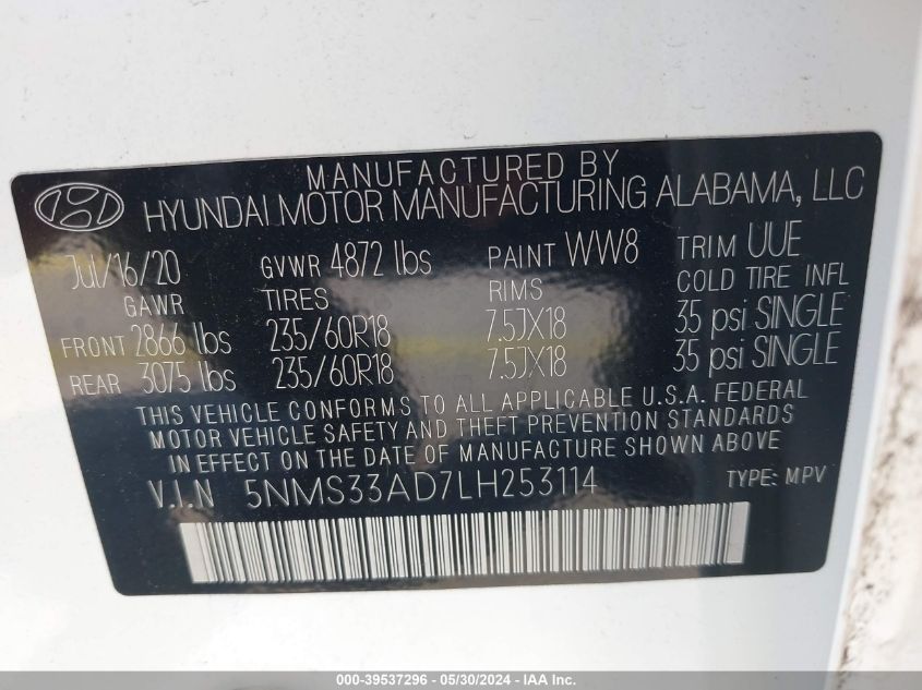2020 Hyundai Santa Fe Sel VIN: 5NMS33AD7LH253114 Lot: 39537296