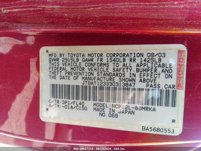 2003 Toyota Echo VIN: JTDAT123330313847 Lot: 39537315