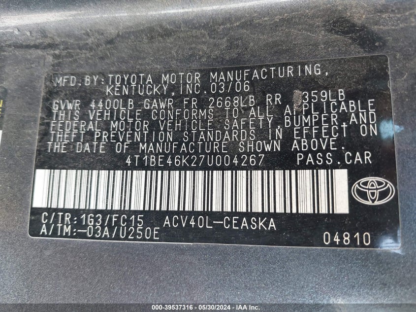 2007 Toyota Camry Se VIN: 4T1BE46K27U004267 Lot: 39537316