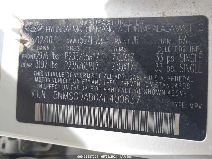 2010 Hyundai Santa Fe Gls VIN: 5NMSGDAB0AH400637 Lot: 39537324