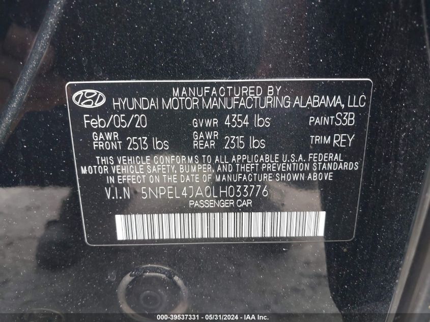 2020 Hyundai Sonata Sel VIN: 5NPEL4JA0LH033776 Lot: 39537331