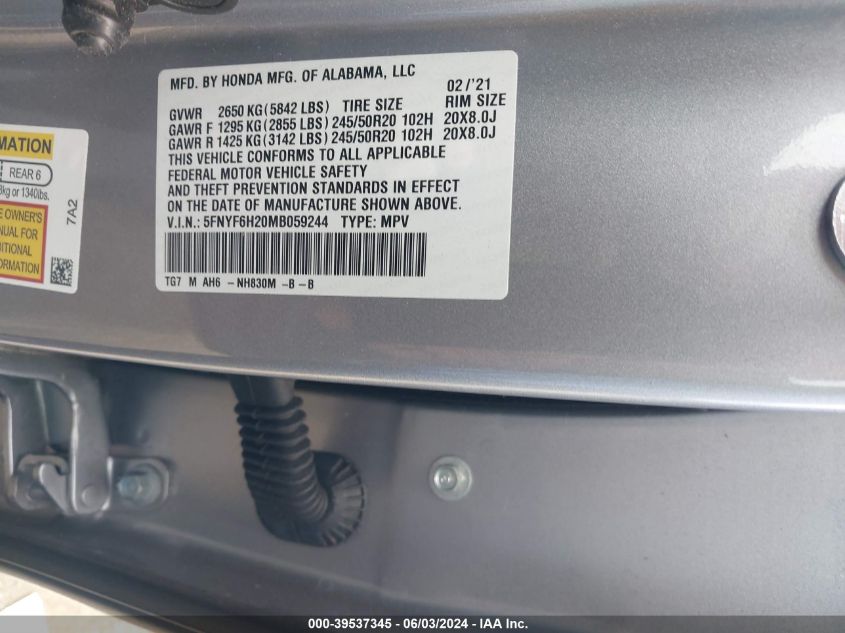 2021 Honda Pilot Awd Special Edition VIN: 5FNYF6H20MB059244 Lot: 39537345