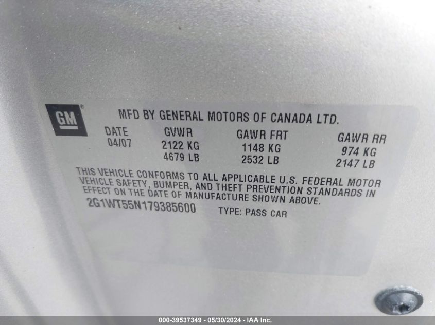 2007 Chevrolet Impala Lt VIN: 2G1WT55N179385600 Lot: 39537349