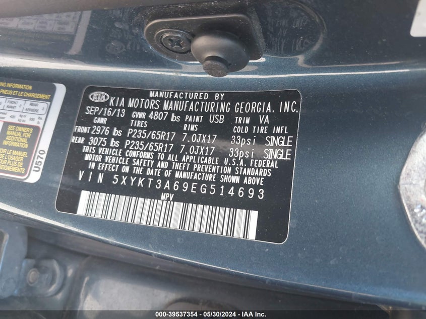 2014 Kia Sorento Lx VIN: 5XYKT3A69EG514693 Lot: 39537354