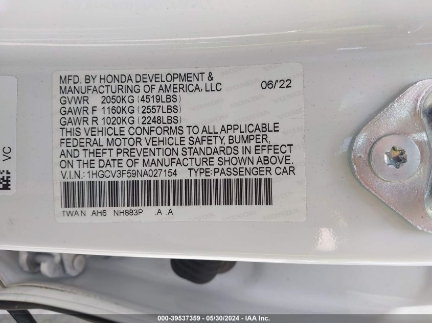 2022 Honda Accord Hybrid Ex-L VIN: 1HGCV3F59NA027154 Lot: 39537359
