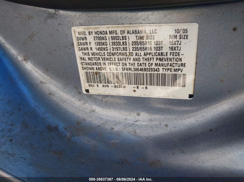 2006 Honda Odyssey Ex-L VIN: 5FNRL38646B029343 Lot: 39537367