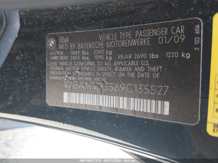 2009 BMW 535I xDrive VIN: WBANV93569C135527 Lot: 39537370