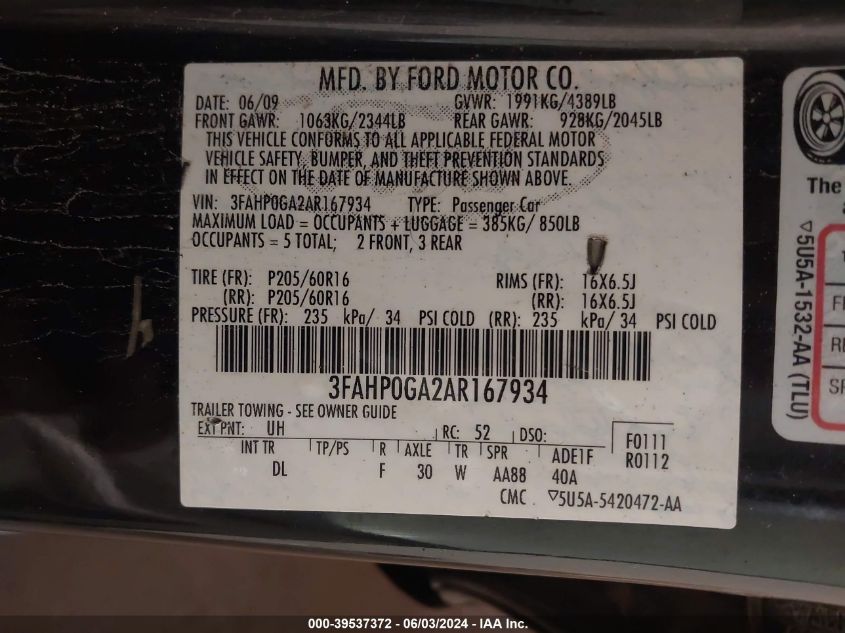2010 Ford Fusion S VIN: 3FAHP0GA2AR167934 Lot: 39537372