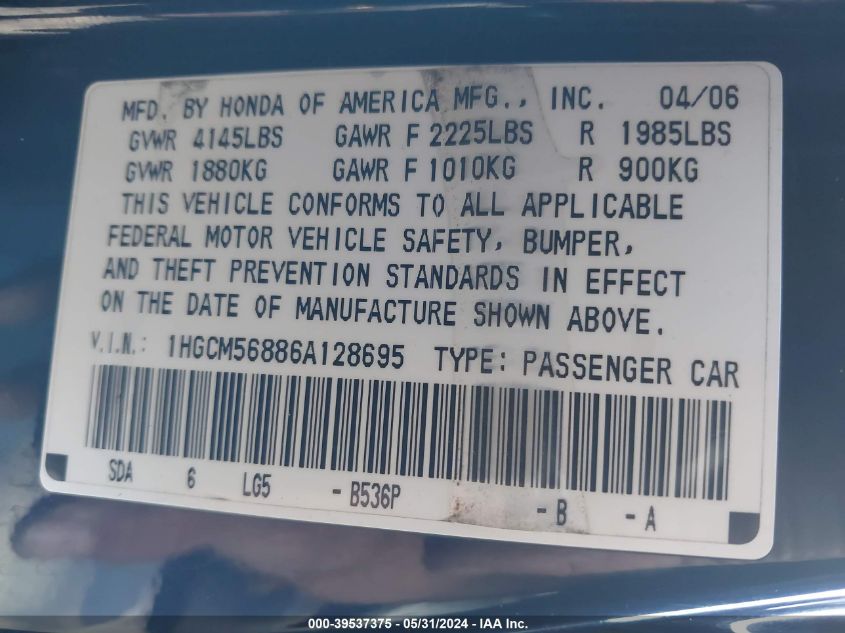2006 Honda Accord 2.4 Ex VIN: 1HGCM56886A128695 Lot: 39537375