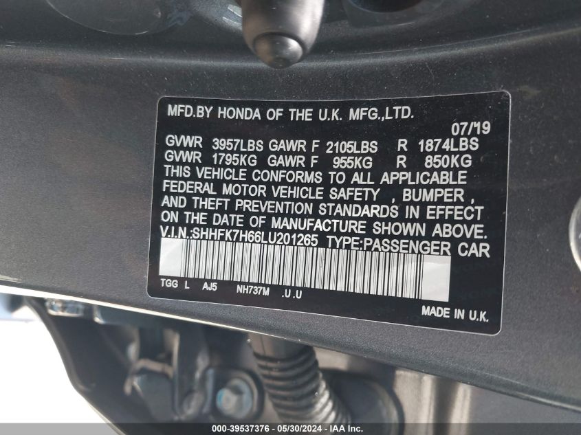 2020 Honda Civic Ex VIN: SHHFK7H66LU201265 Lot: 39537376