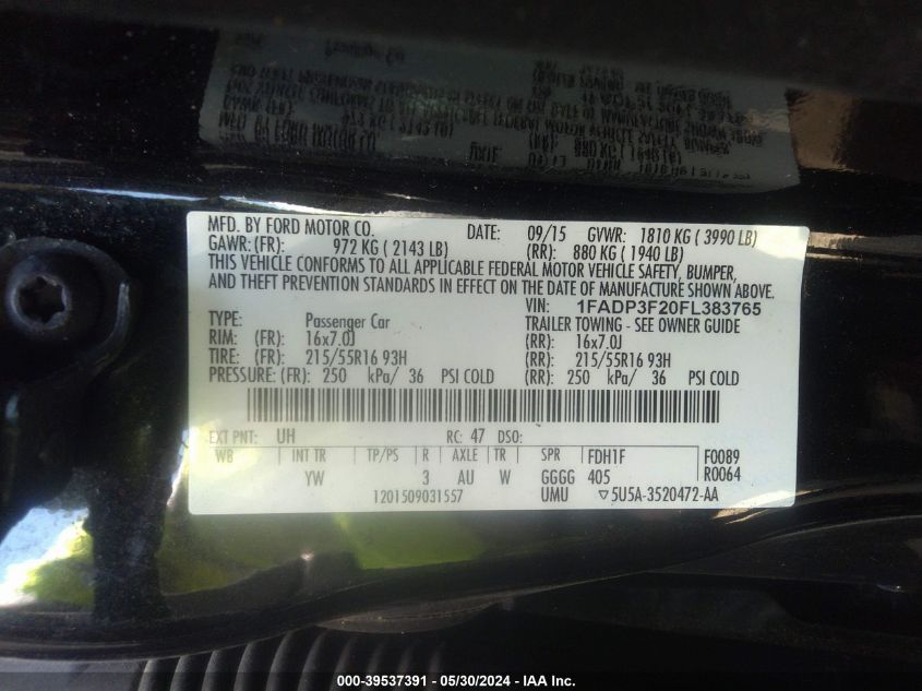 2015 Ford Focus Se VIN: 1FADP3F20FL383765 Lot: 39537391