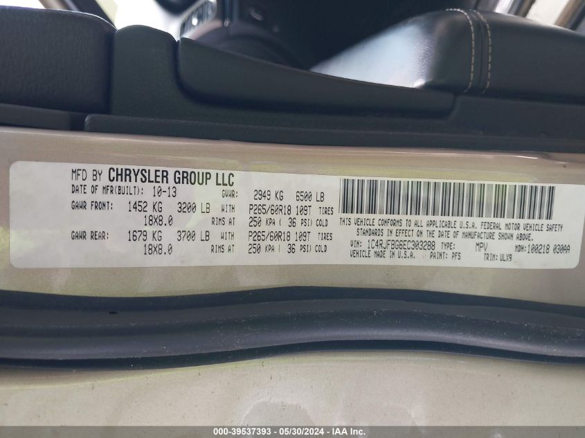 2014 Jeep Grand Cherokee Limited VIN: 1C4RJFBG6EC303288 Lot: 39537393