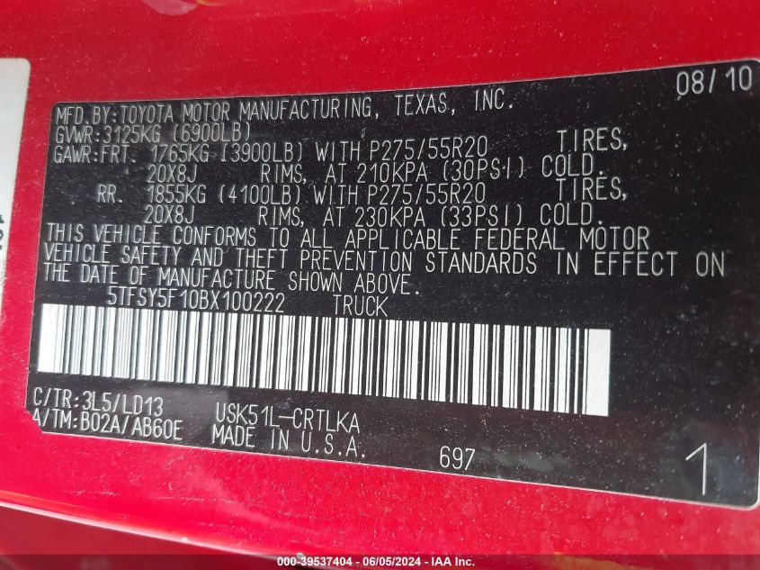 2011 Toyota Tundra Limited 5.7L V8 VIN: 5TFSY5F10BX100222 Lot: 39537404