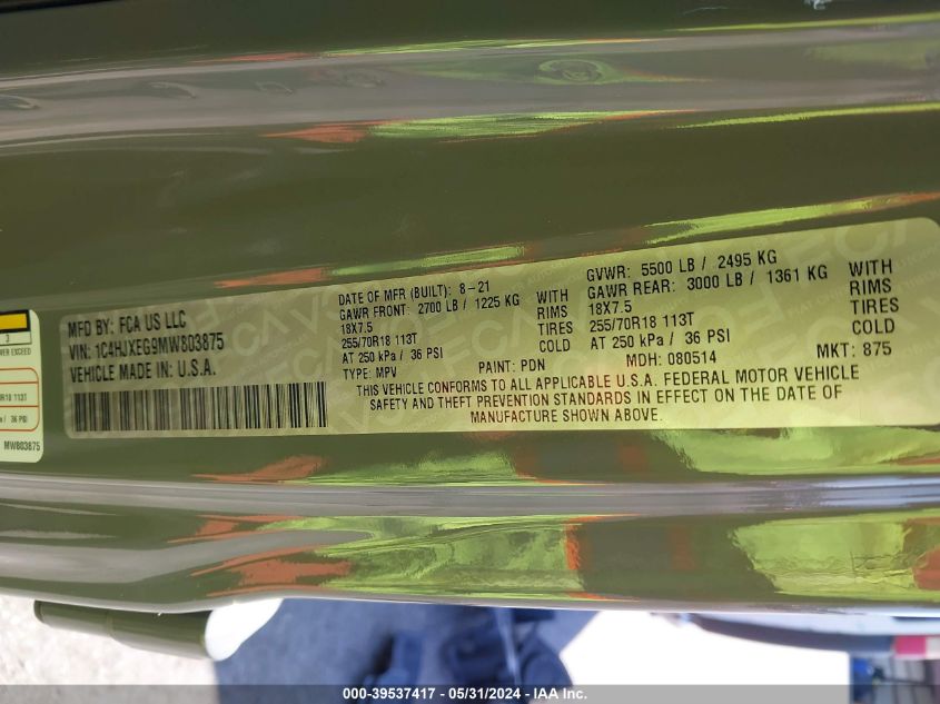 2021 Jeep Wrangler Unlimited Sahara 4X4 VIN: 1C4HJXEG9MW803875 Lot: 39537417