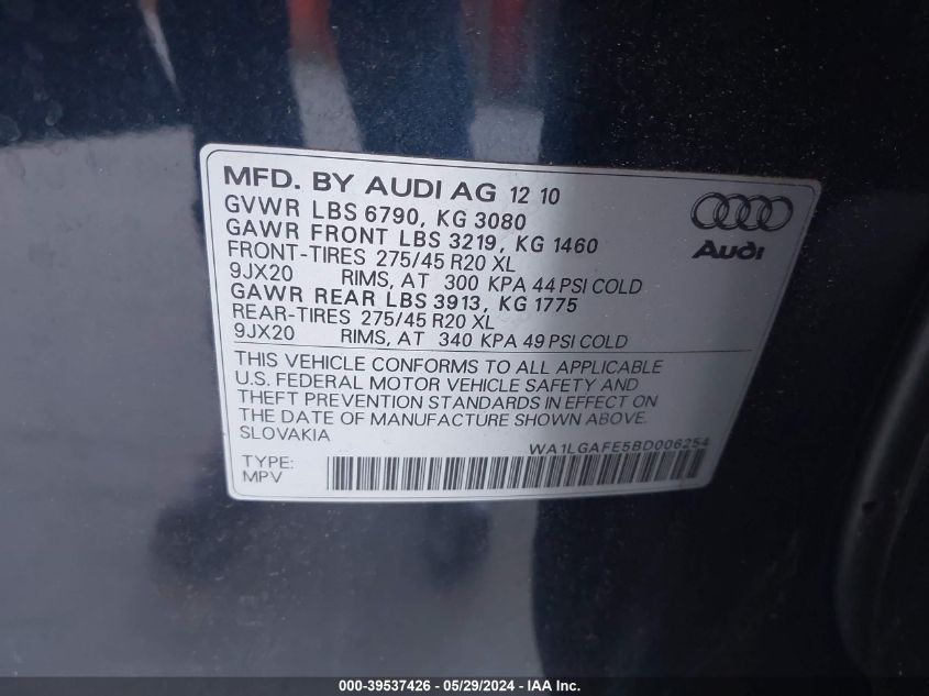 2011 Audi Q7 3.0T Premium VIN: WA1LGAFE5BD006254 Lot: 39537426