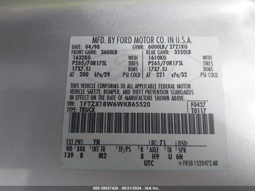 1998 Ford F-150 Lariat/Standard/Xl/Xlt VIN: 1FTZX18W6WKB65520 Lot: 39537428