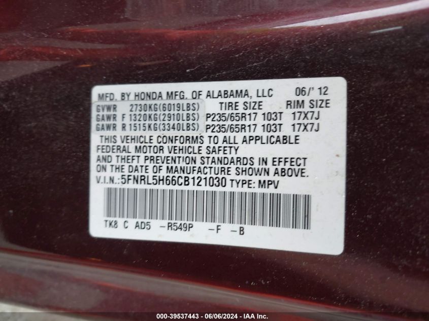 2012 Honda Odyssey Ex-L VIN: 5FNRL5H66CB121030 Lot: 39537443