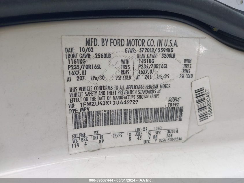 2003 Ford Explorer Nbx/Xlt VIN: 1FMZU63K13UA46229 Lot: 39537444