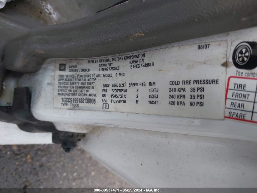 2008 Chevrolet Colorado Work Truck VIN: 1GCCS199188130008 Lot: 39537471