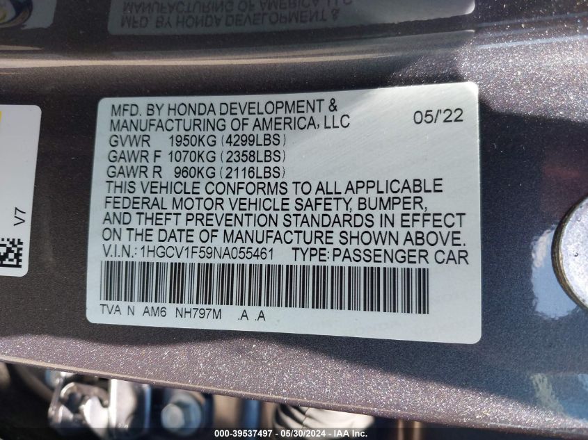 2022 Honda Accord Ex-L VIN: 1HGCV1F59NA055461 Lot: 39537497