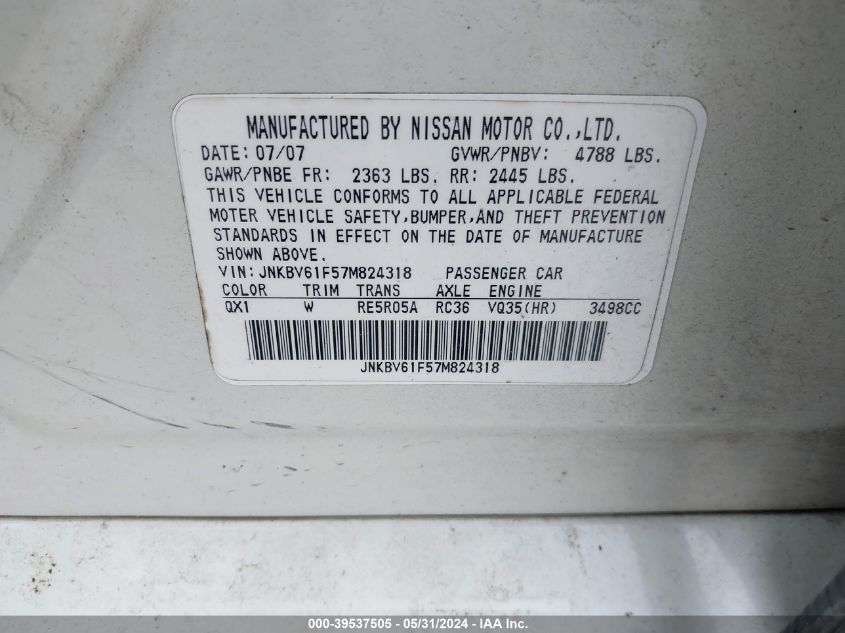2007 Infiniti G35X VIN: JNKBV61F57M824318 Lot: 39537505
