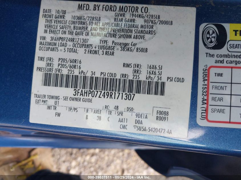 2009 Ford Fusion Se VIN: 3FAHP07Z49R171307 Lot: 39537511