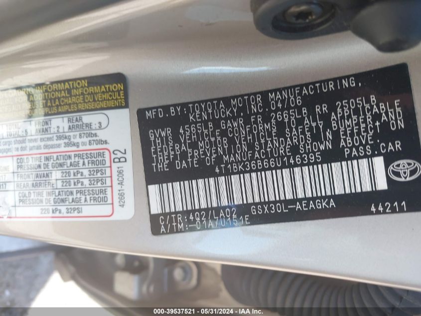 2006 Toyota Avalon Xl/Xls/Touring/Limited VIN: 4T1BK36B66U146395 Lot: 39537521