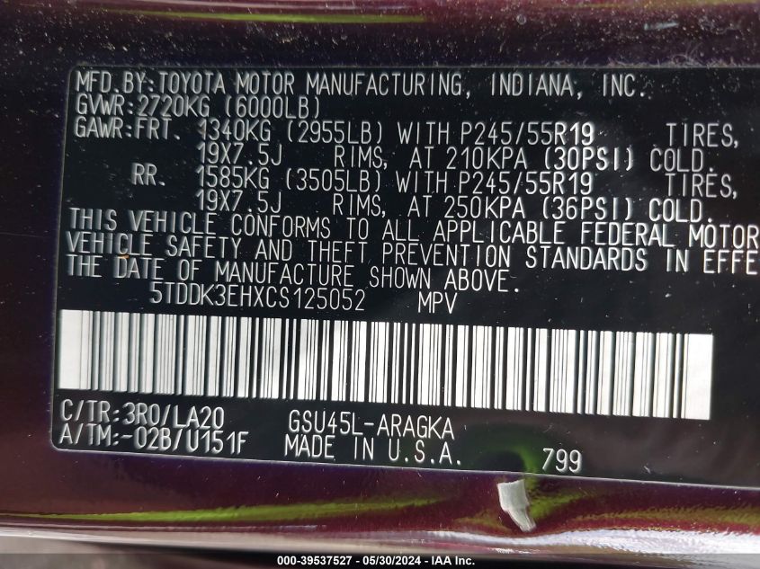 2012 Toyota Highlander Limited V6 VIN: 5TDDK3EHXCS125052 Lot: 39537527