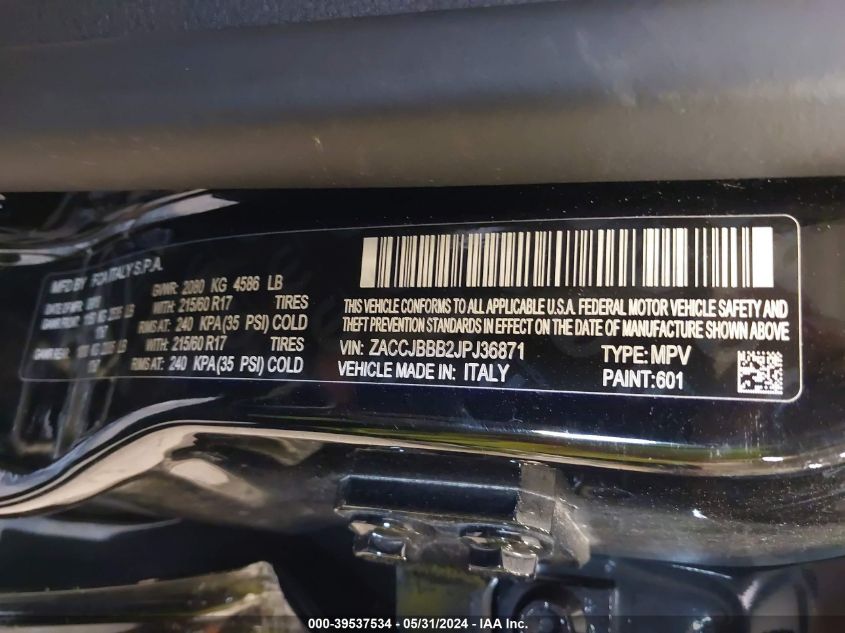 2018 Jeep Renegade Latitude 4X4 VIN: ZACCJBBB2JPJ36871 Lot: 39537534