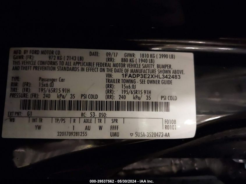 2017 Ford Focus S VIN: 1FADP3E2XHL342483 Lot: 39537562