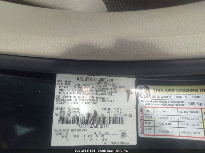 2010 Ford Fusion Hybrid VIN: 3FADP0L37AR137740 Lot: 39537578
