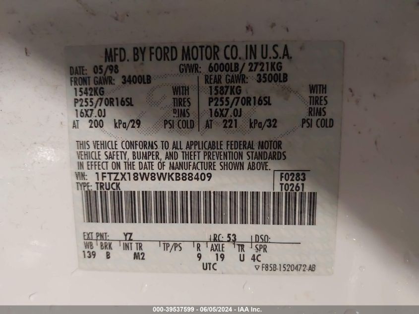 1998 Ford F-150 Lariat/Standard/Xl/Xlt VIN: 1FTZX18W8WKB88409 Lot: 39537599