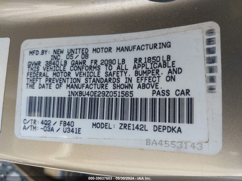 2009 Toyota Corolla Le VIN: 1NXBU40E29Z051565 Lot: 39537603