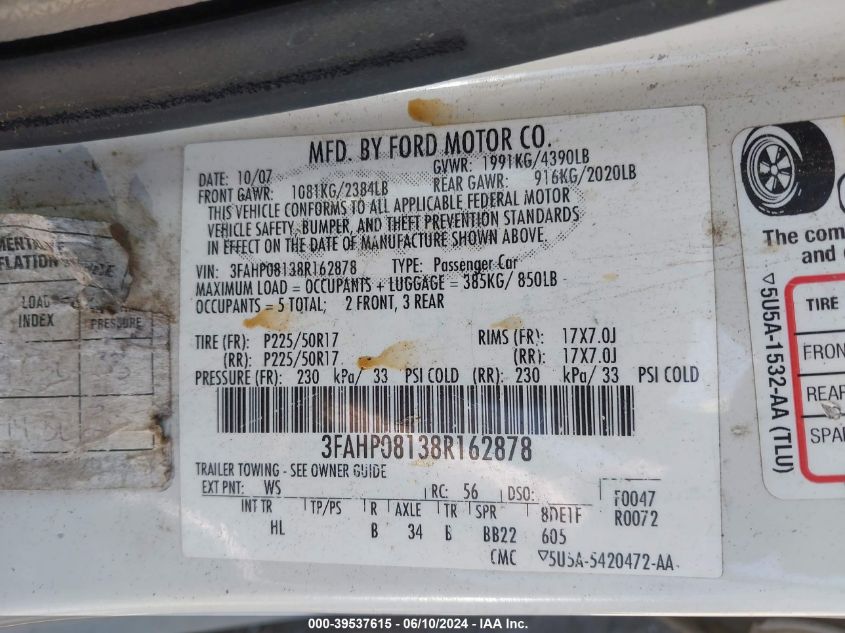 2008 Ford Fusion Sel VIN: 3FAHP08138R162878 Lot: 39537615