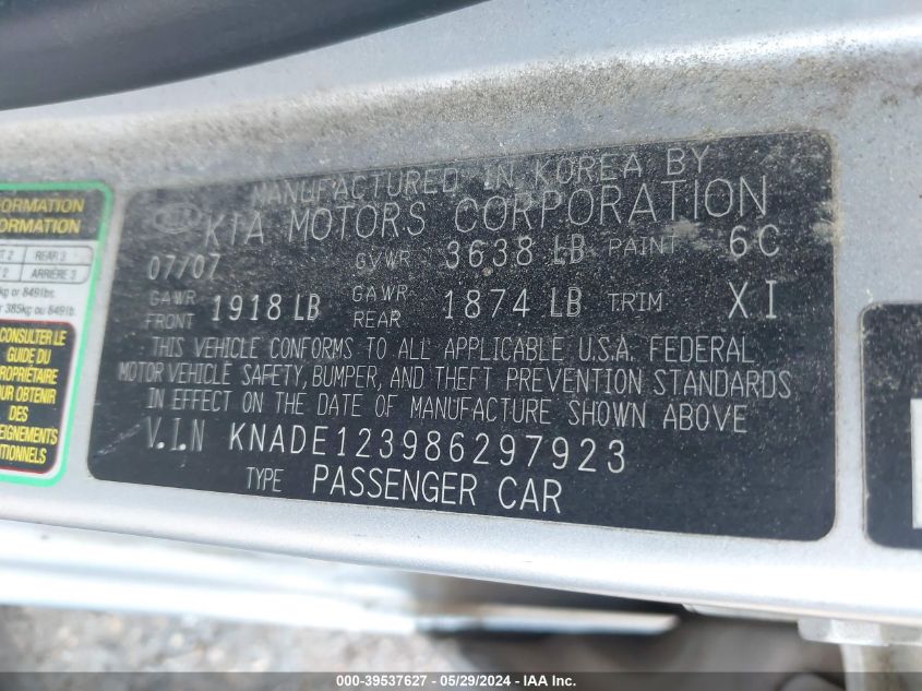 2008 Kia Rio Lx VIN: KNADE123986297923 Lot: 39537627