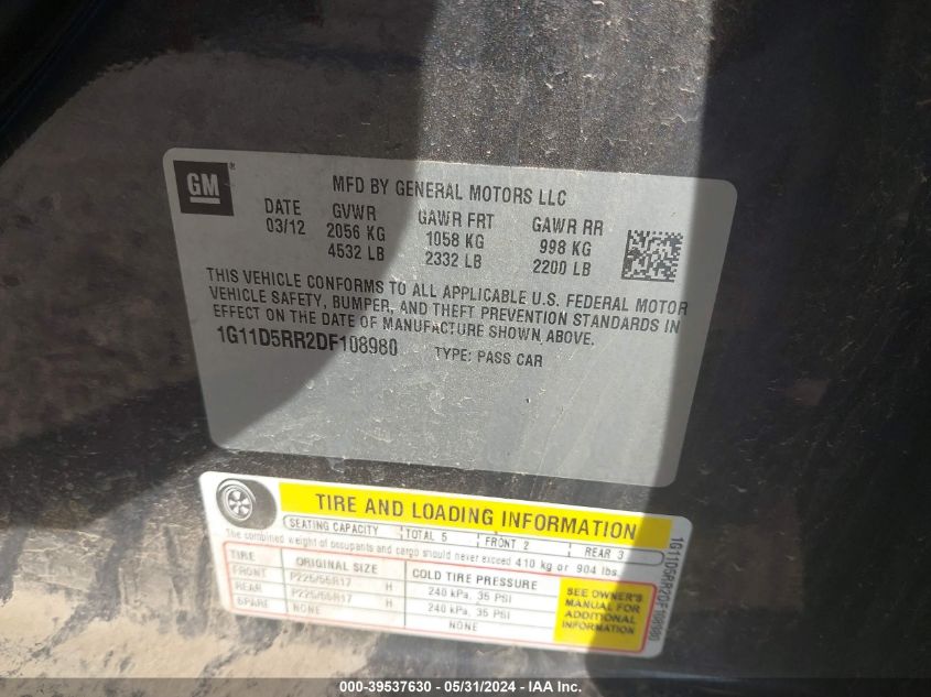 2013 Chevrolet Malibu Eco VIN: 1G11D5RR2DF108980 Lot: 39537630