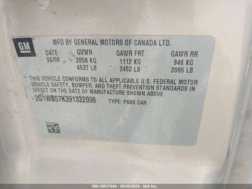 2009 Chevrolet Impala Ls VIN: 2G1WB57K391322098 Lot: 39537644