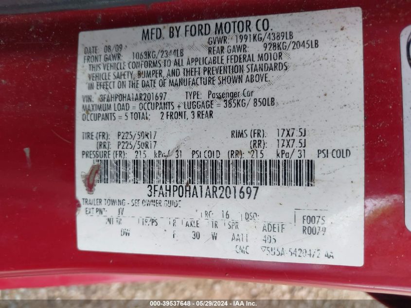 2010 Ford Fusion Se VIN: 3FAHP0HA1AR201697 Lot: 39537648