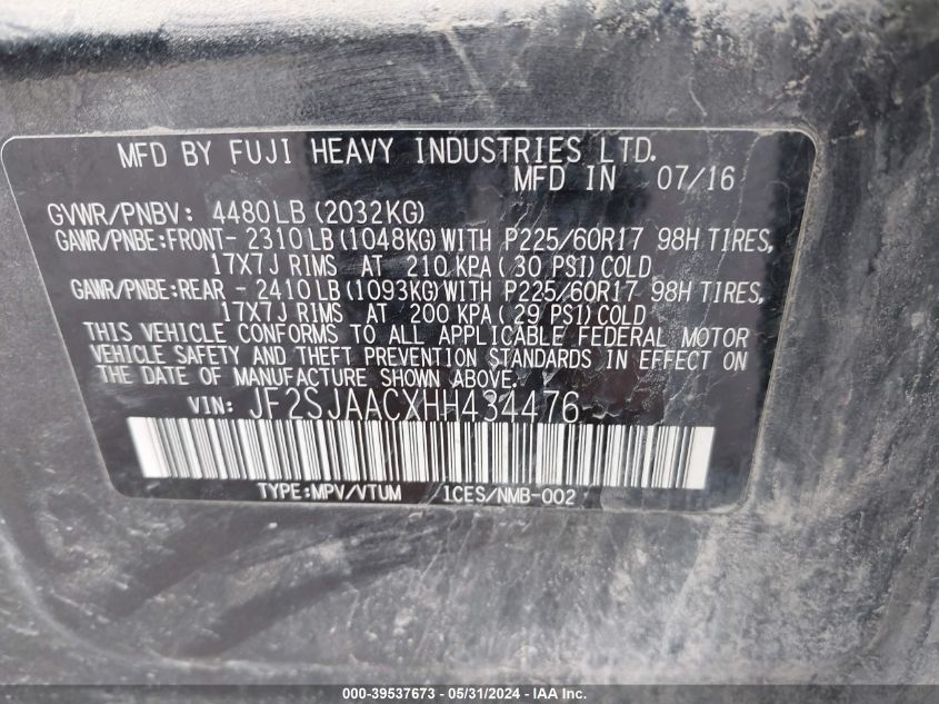 2017 Subaru Forester 2.5I VIN: JF2SJAACXHH434476 Lot: 39537673