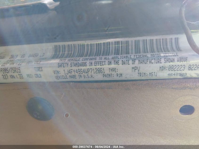 1998 Jeep Wrangler Sahara VIN: 1J4FY49S4WP712861 Lot: 39537674