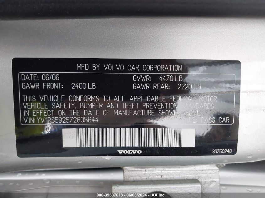 2007 Volvo S60 2.5T VIN: YV1RS592572605644 Lot: 39537678