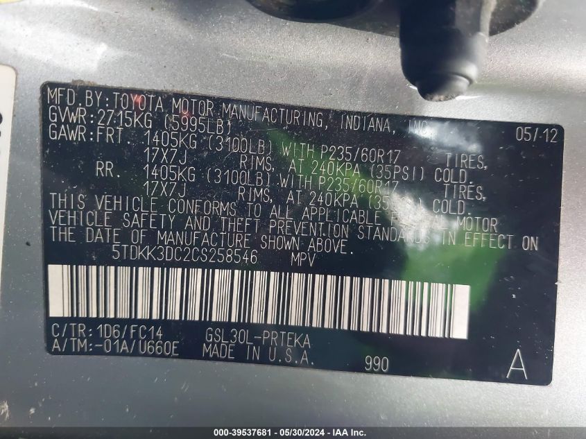 2012 Toyota Sienna Le V6 8 Passenger VIN: 5TDKK3DC2CS258546 Lot: 39537681