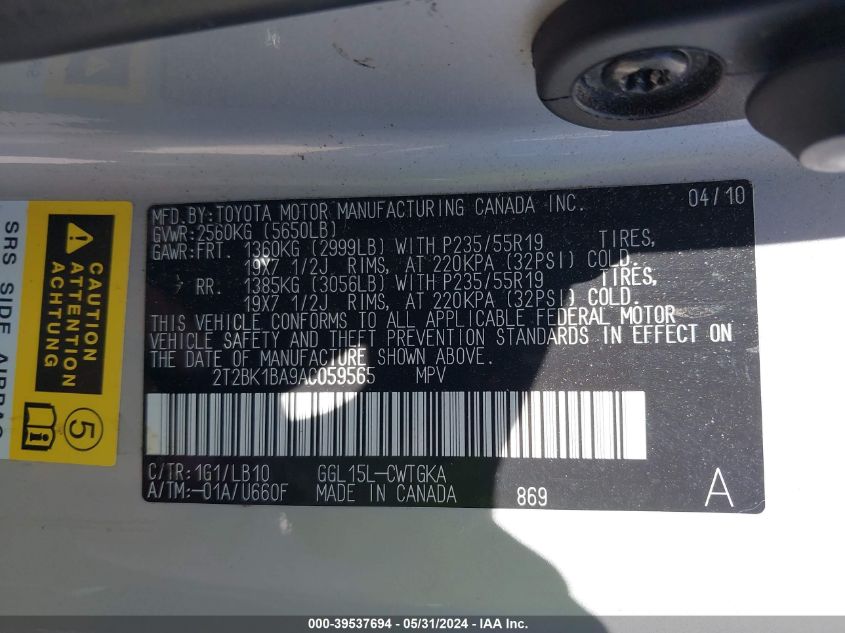 2010 Lexus Rx 350 VIN: 2T2BK1BA9AC059565 Lot: 39537694