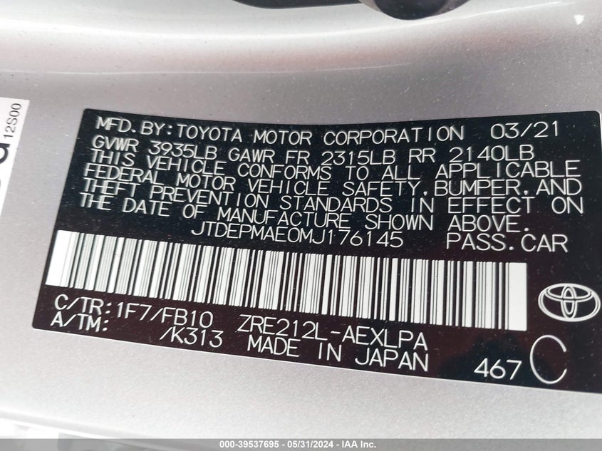 2021 TOYOTA COROLLA LE - JTDEPMAE0MJ176145