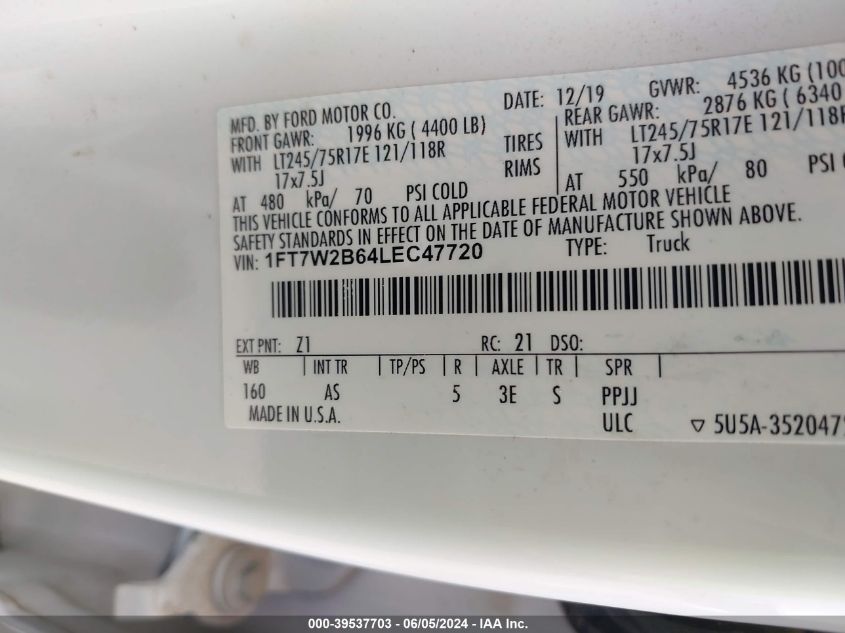 2020 Ford F-250 Xl VIN: 1FT7W2B64LEC47720 Lot: 39537703
